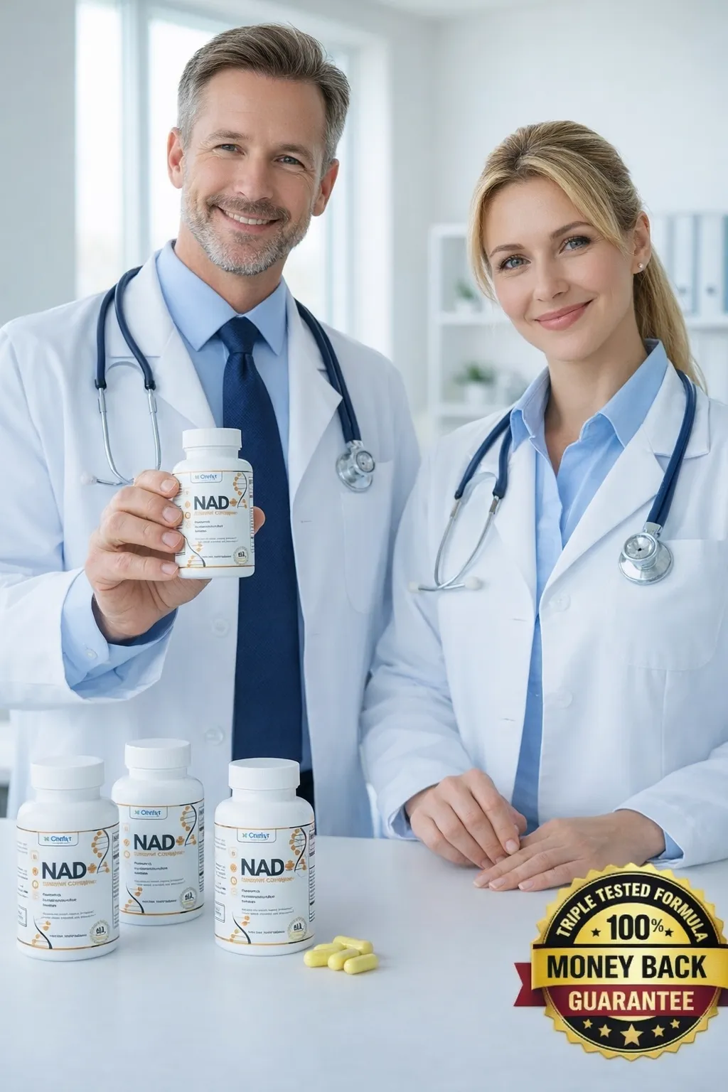 Two smiling doctors in white lab coats present Ozelyt NAD+ Booster Complex bottles on a clinic table, promoting cellular energy and healthy aging support.