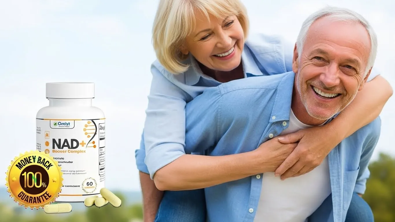 “Smiling 50+ couple enjoying a playful piggyback moment outdoors with NAD+ booster supplement bottle and money-back guarantee badge.”