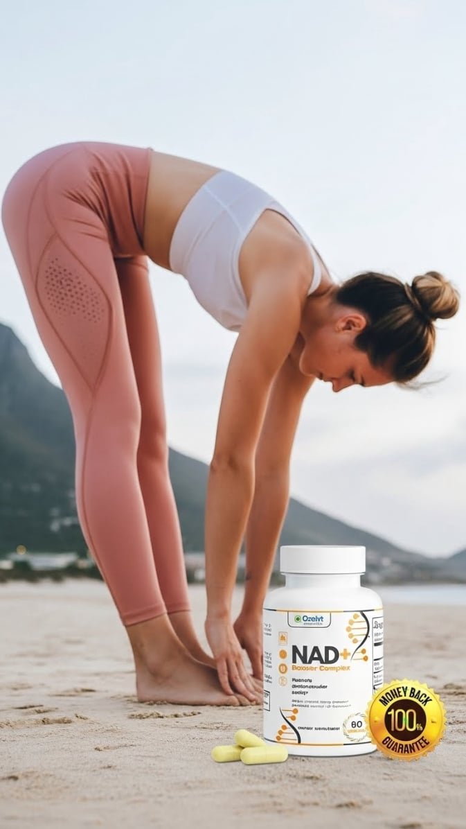 Woman stretching outdoors on beach with Ozelyt NAD+ Booster Complex supplement bottle in foreground.