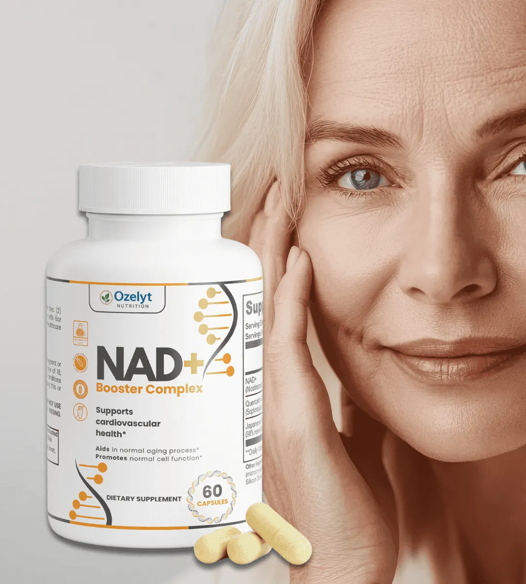 Ozelyt NAD+ supplement bottle displayed by a woman at home