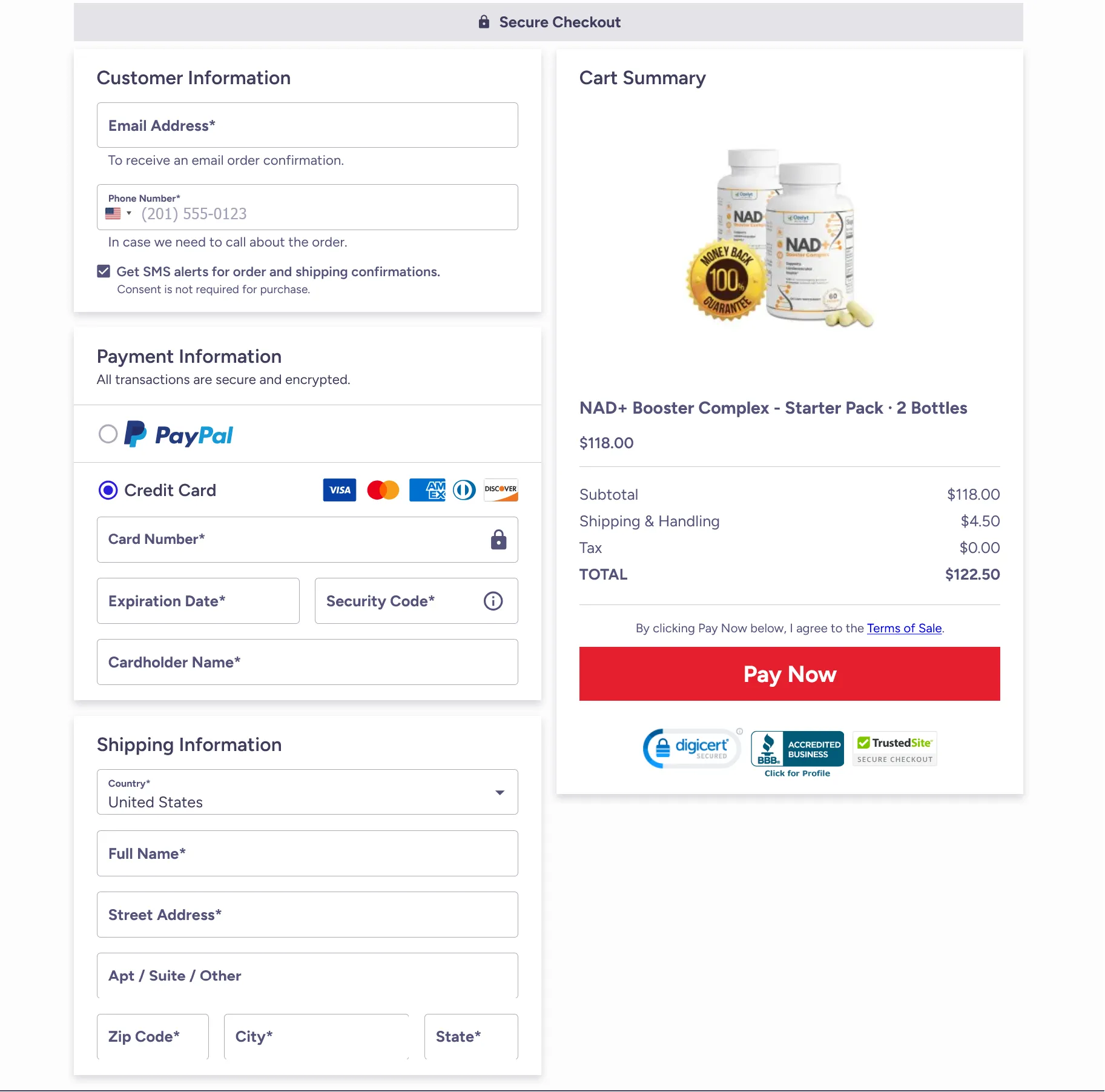 Secure online checkout page with payment and shipping fields.